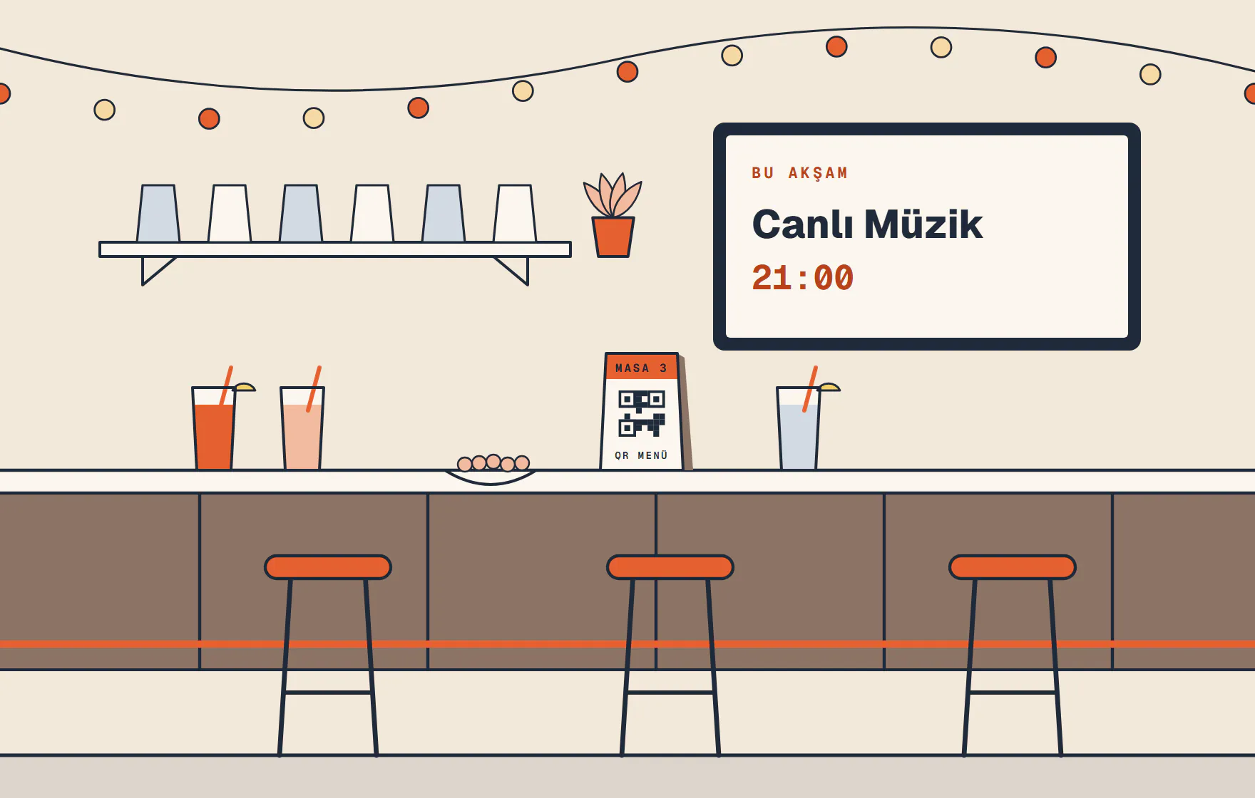 Bar tezgahı: ip ışıkların altında 'Bu Akşam Canlı Müzik 21:00' duyuru ekranı, tezgahta limonata ve QR menü standı, önde tabureler.