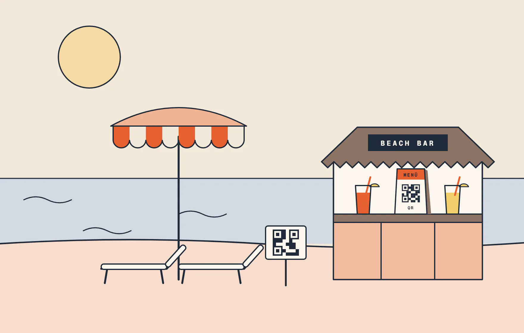 Kumsalda çizgili şemsiye altında iki şezlong, denize bakan beach bar kulübesi ve kuma dikilmiş QR menü levhası.