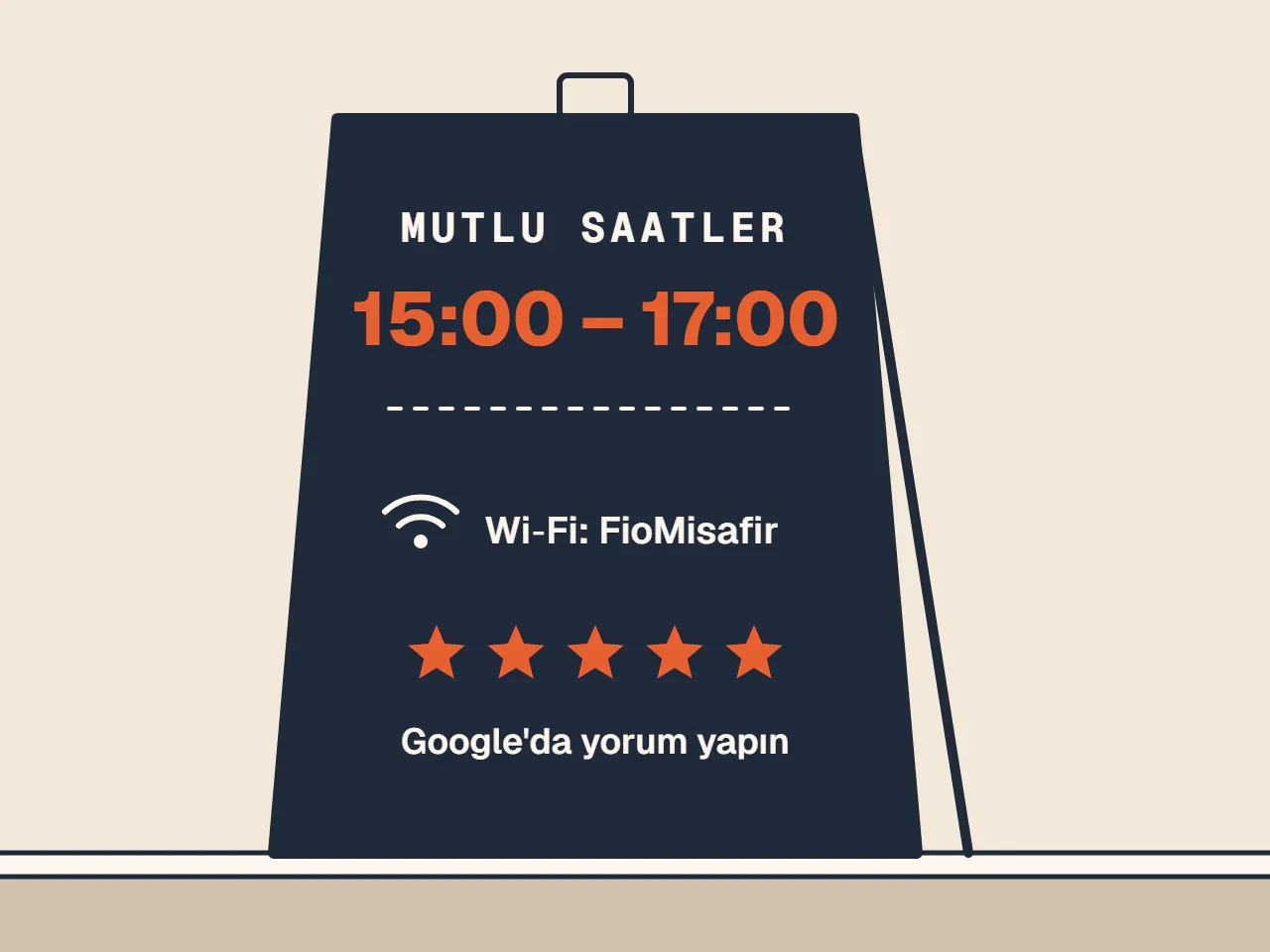 Kara tahta ayaklı pano: Mutlu Saatler 15:00–17:00, Wi‑Fi bilgisi ve Google'da yorum yıldızları.