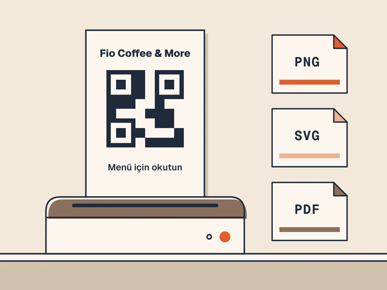 Yazıcıdan çıkan karekodlu A4 sayfa; yanında PNG, SVG ve PDF dosyaları.