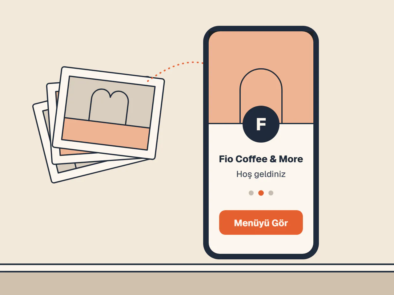 Üç kapak fotoğrafı ve telefonda logolu karşılama ekranı: Fio Coffee & More, Hoş geldiniz, Menüyü Gör.