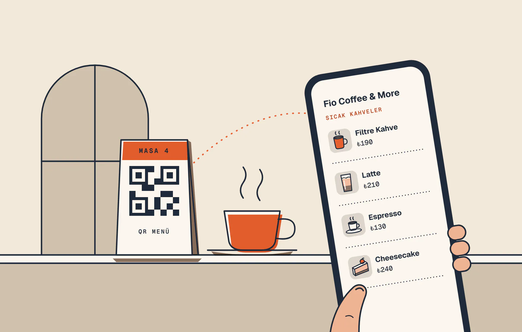 Kafe masasında QR menü standı ve kahve; misafirin elindeki telefonda dijital menü açık.